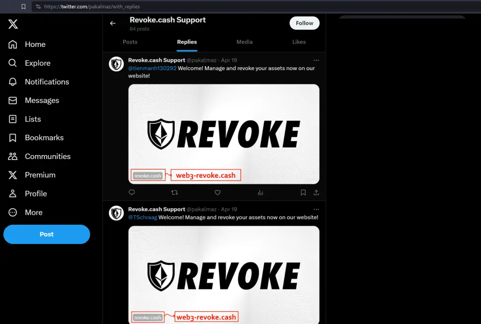 fake twitter support scammer pretending to be a revoke cash representative sending users to bad links