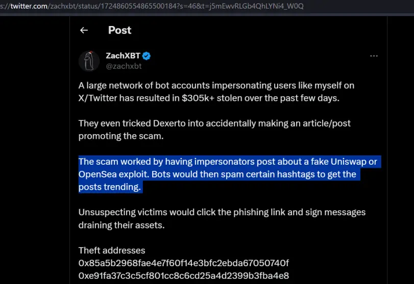 Warning from ZachXBT that scammers are impersonating him, in order to lure users to a fake revoke cash site.