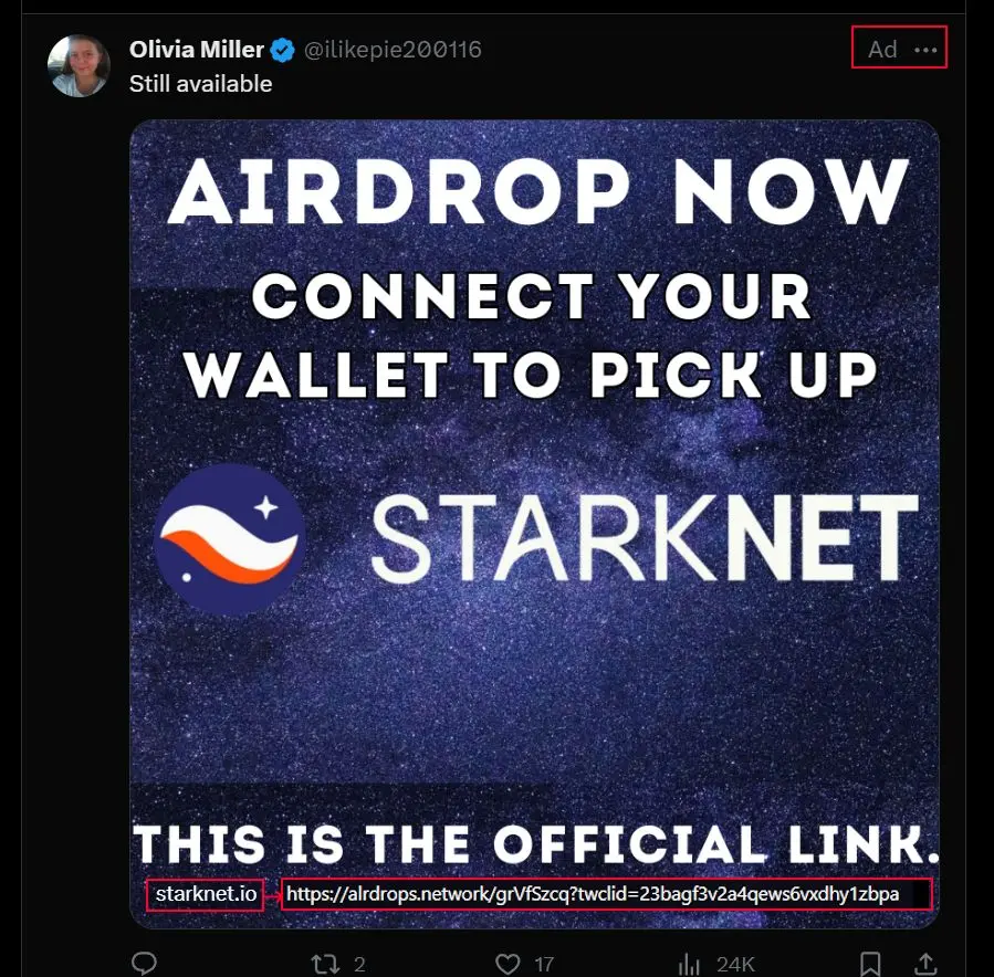 advertisement on twitter/x leading to fraudulent URL