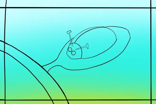 a simple line art drawing of a bug on a leaf with a boarder