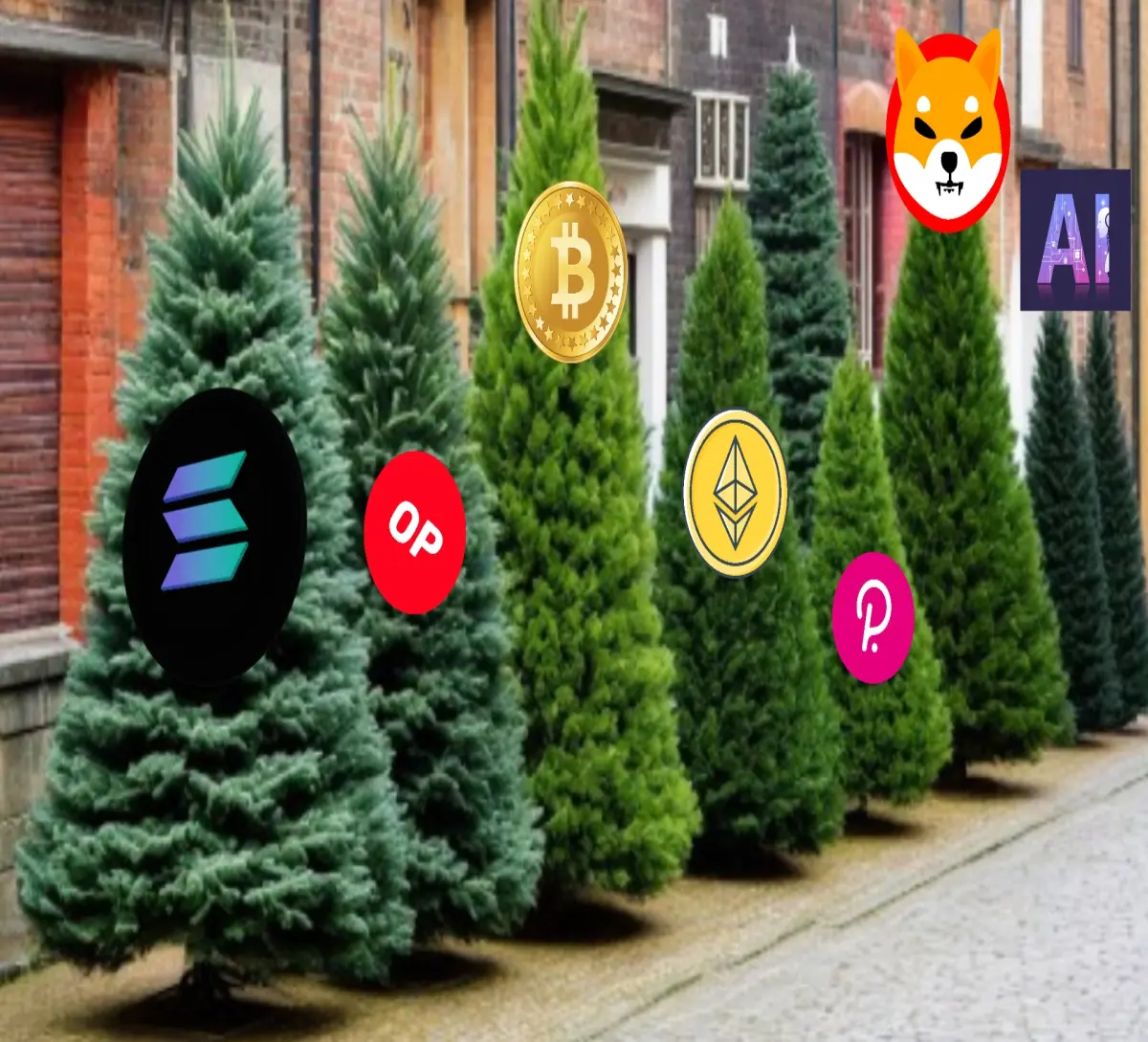 Different Christmas trees symbolises different cryptocurrencies
