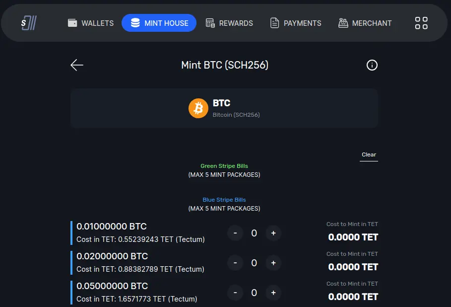 Screenshot of minting graphical user interface on Tectum Softnote Wallet.