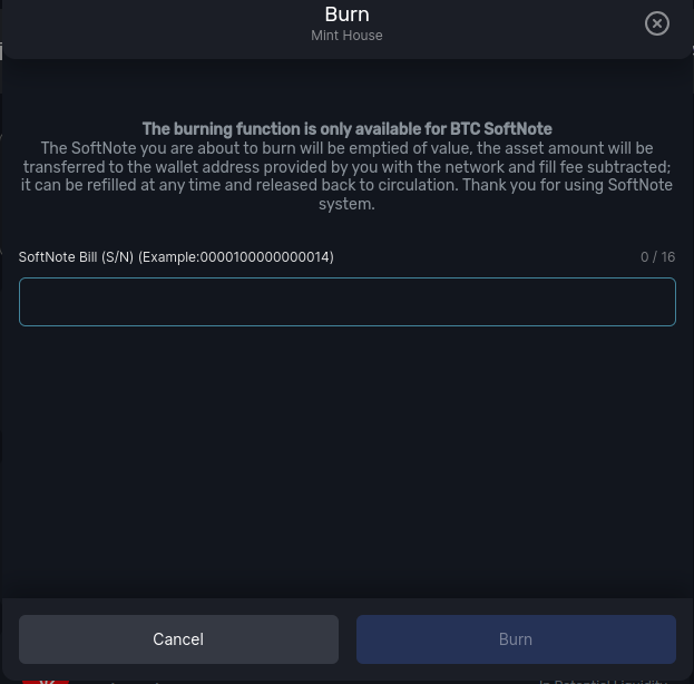 Screenshot of burning graphical user interface on Tectum Softnote Wallet.