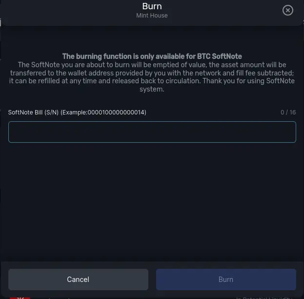 Screenshot of burning graphical user interface on Tectum Softnote Wallet.