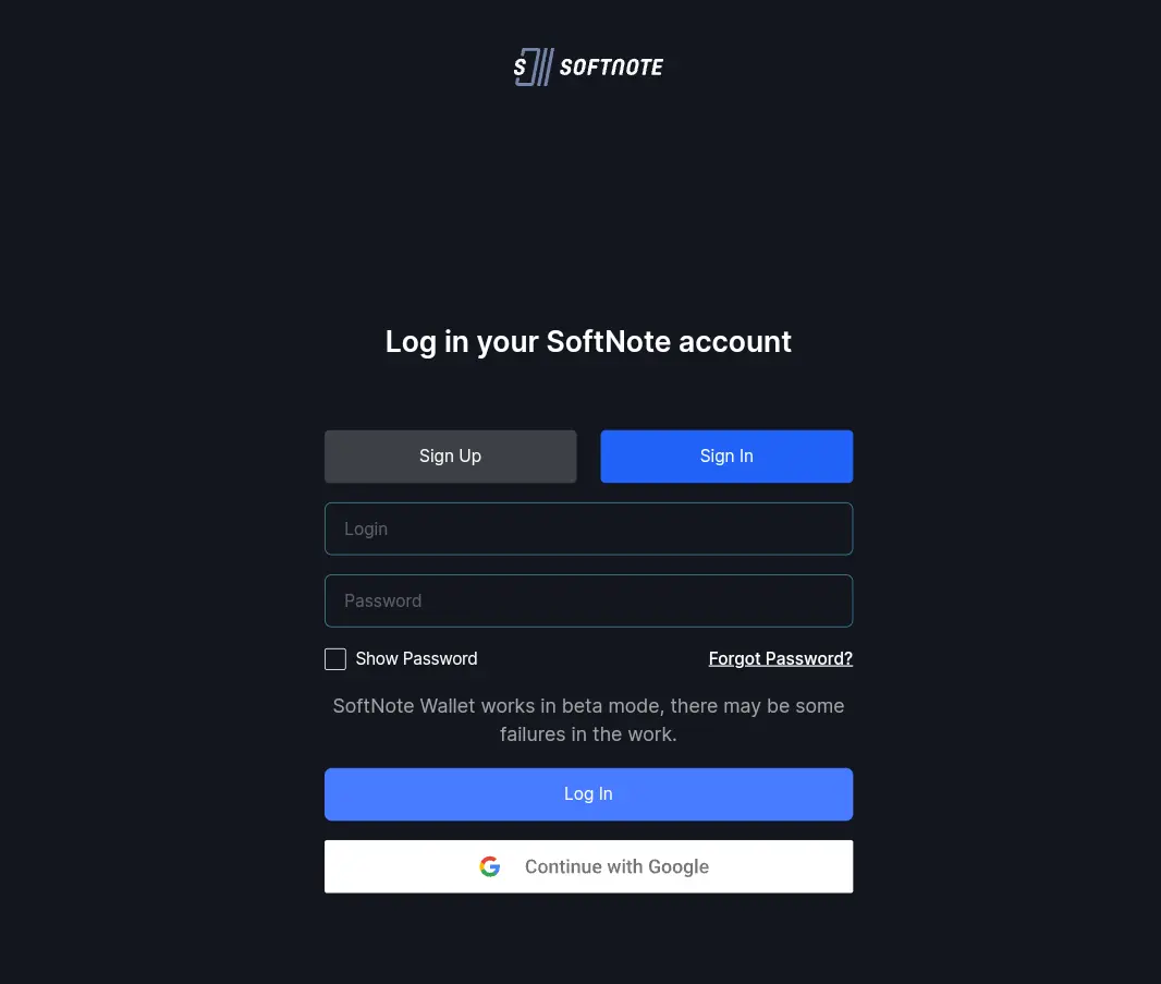 SoftNote sign up wallet homepage