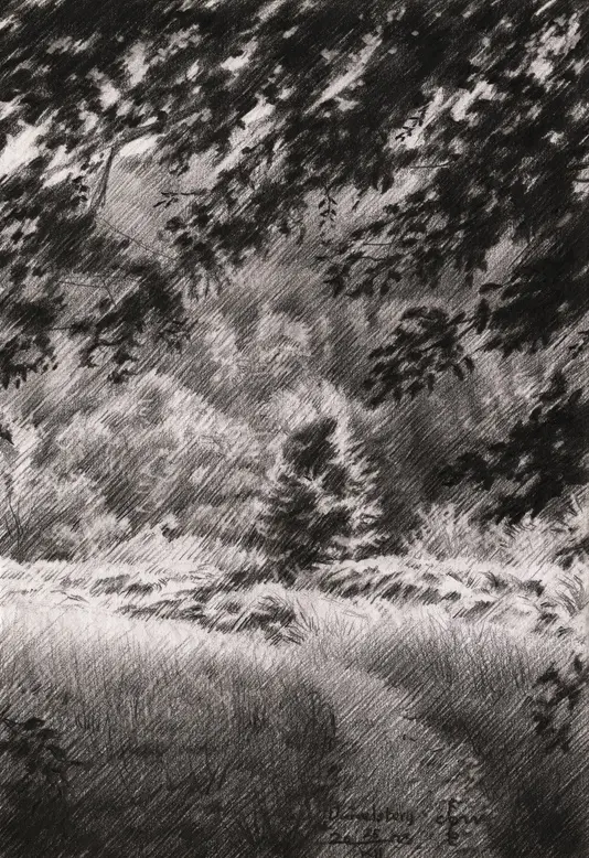 impressionist landscape graphite pencil drawing