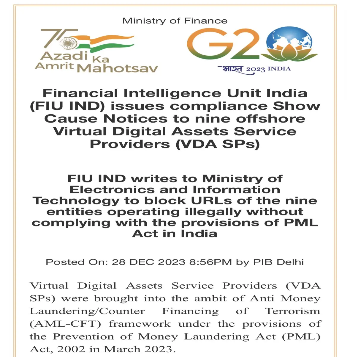 FIU takes this step of recommendation to ban URLs for 9 offshore crypto exchanges in India with PML Act 2023