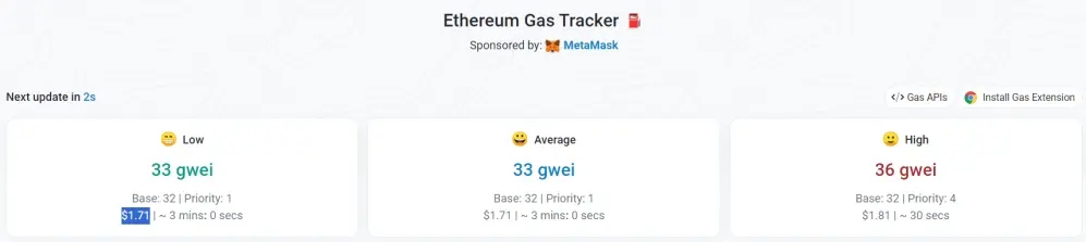 Figure: ETH gas fee tracker from etherscan.io/gastracker