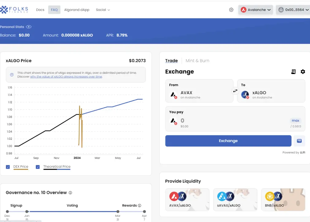 xalgo/Avax Exchange page