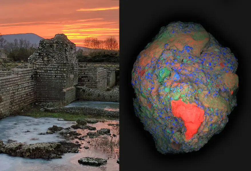 A large-area elemental map (Calcium: red, Silicon: blue, Aluminum: green) of a 2 cm fragment of ancient Roman concrete (right) collected from the archaeological site of Privernum, Italy (left). A calcium-rich lime clast (in red), which is responsible for the unique self-healing properties in this ancient material, is clearly visible in the lower region of the image. Credits: Courtesy of the researchers