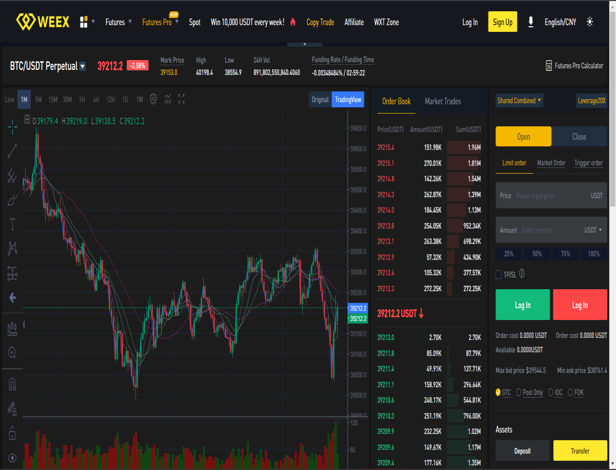 Futures Pro trading page on WEEX exchange's website.