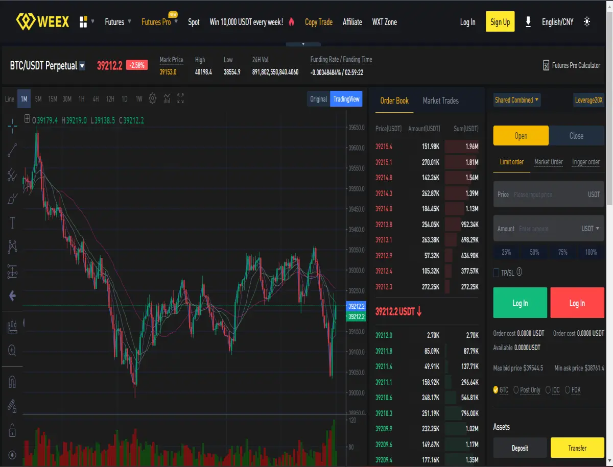 Futures Pro trading page on WEEX exchange's website.