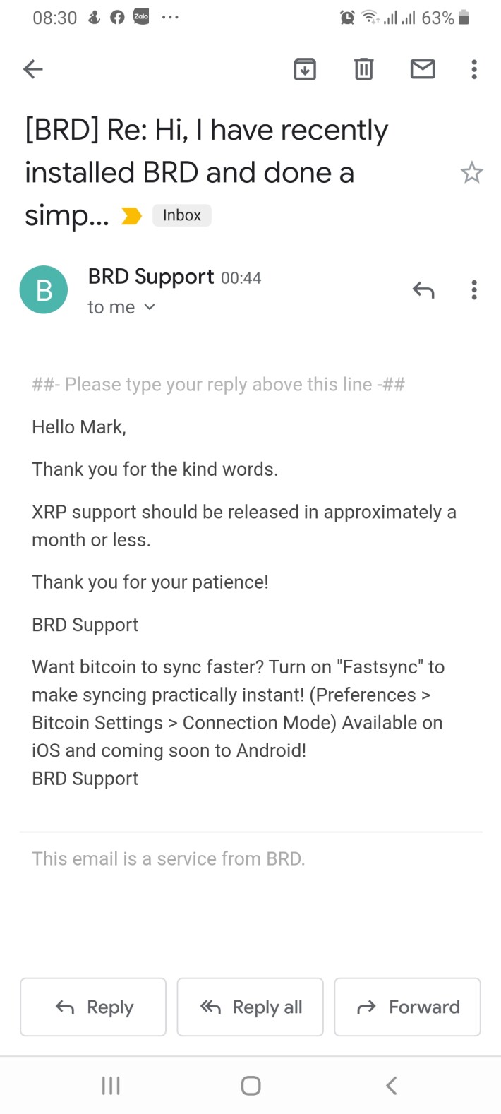 BRD Wallet Email Reply