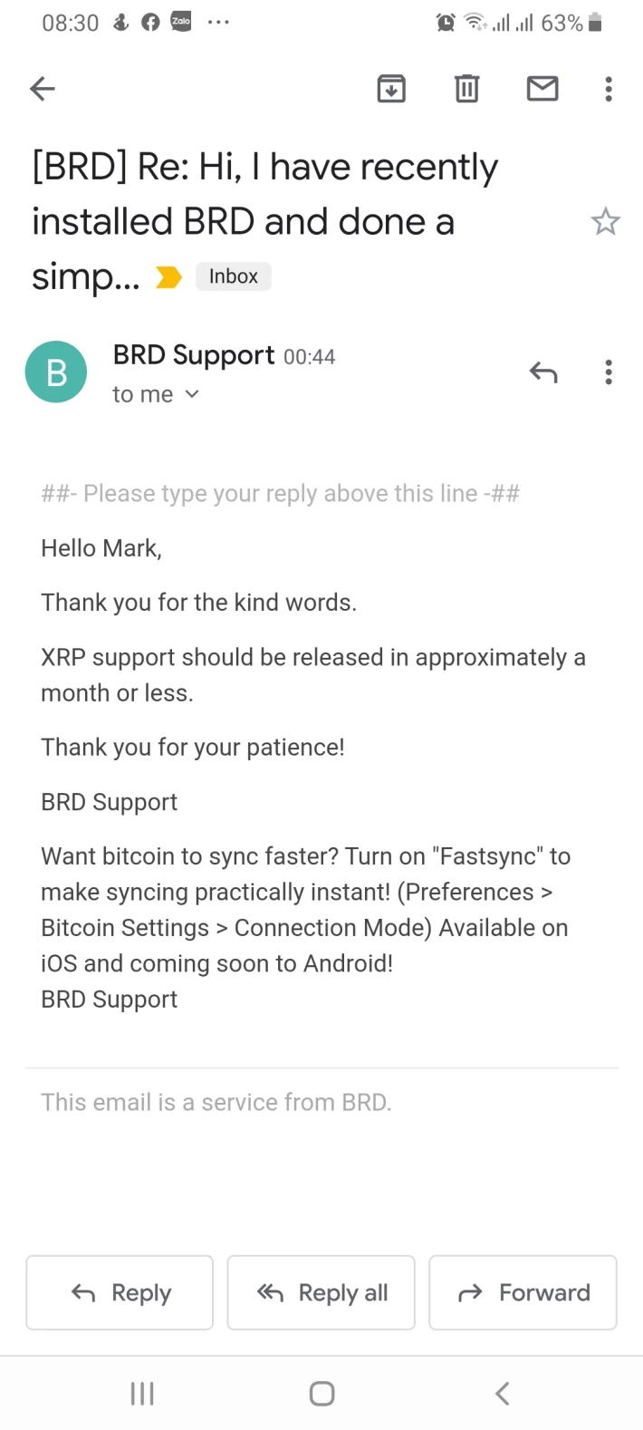 BRD Wallet Email Reply