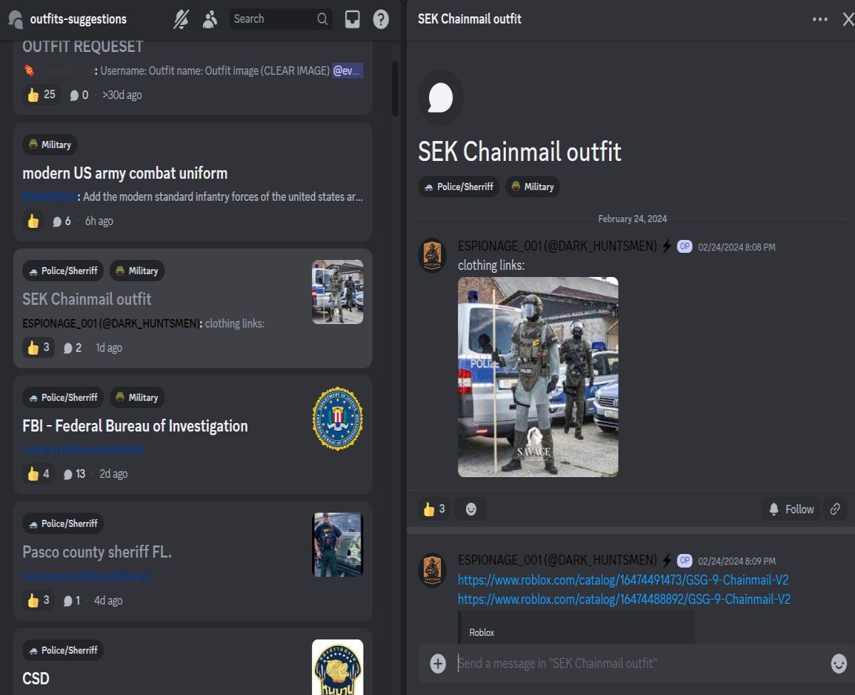 Picture of people posting suggestions in the outfit channel