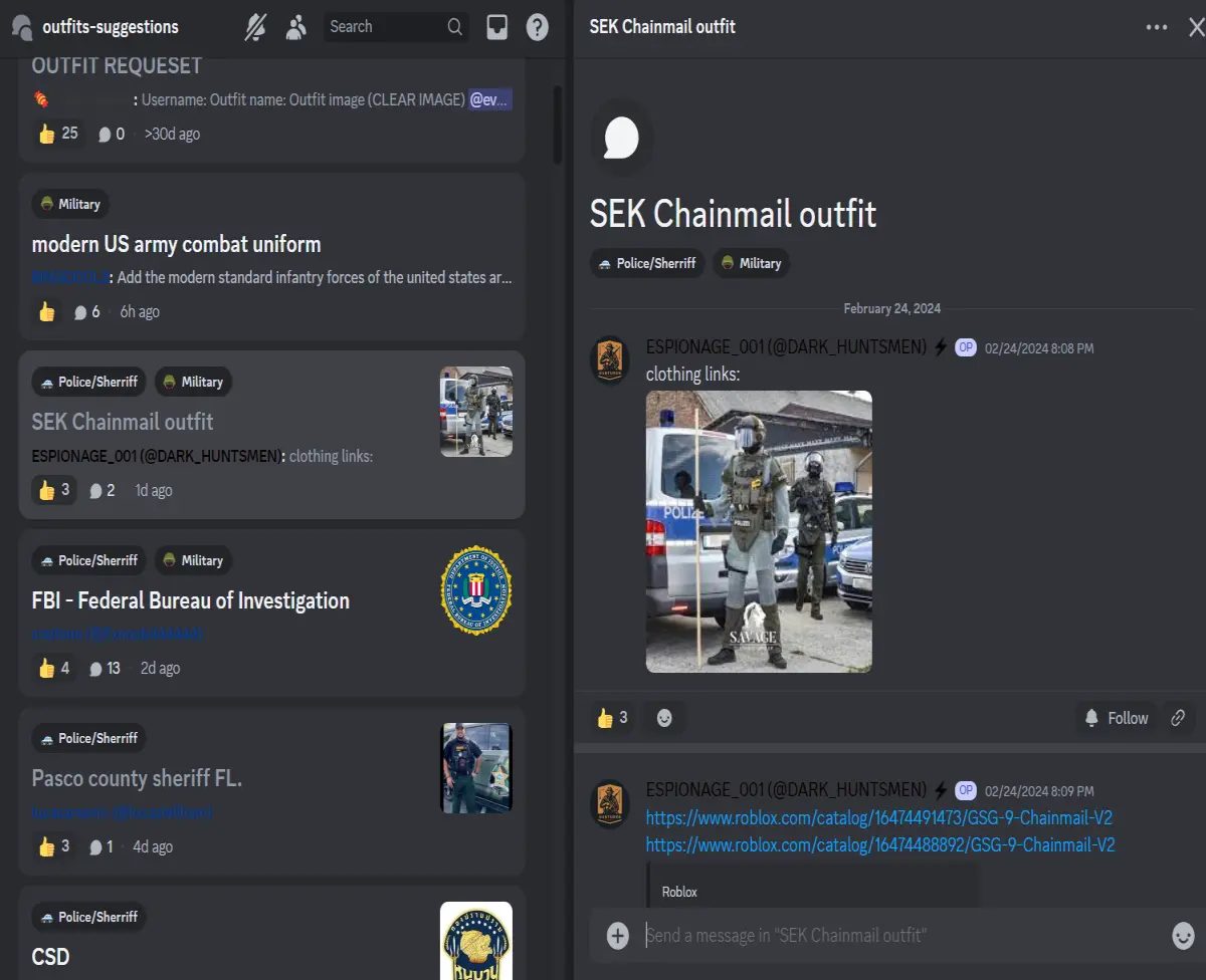 Picture of people posting suggestions in the outfit channel
