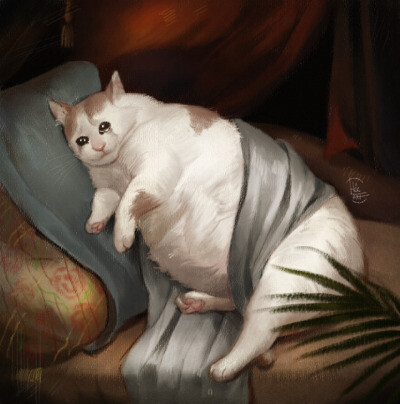 Sad cat on painting