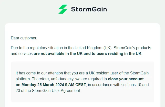 StormGain not available in the UK