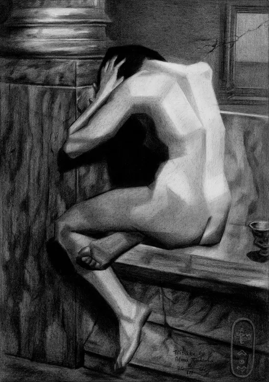 cubist art deco female nude graphite pencil drawing