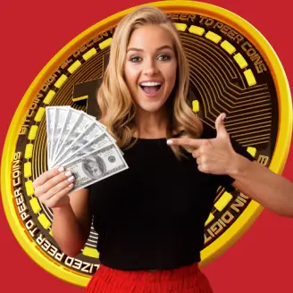Girl influencer holding cash in front of Bitcoin sign.