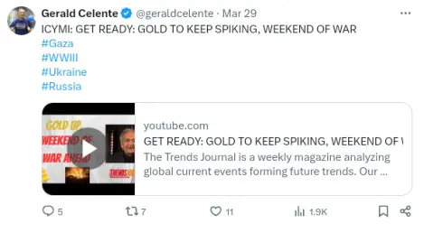 Gerald Celente warns of spiking gold prices.