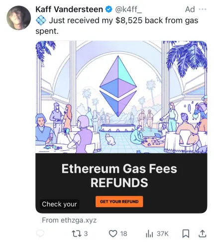 Twitter scam ad ETH gas fees