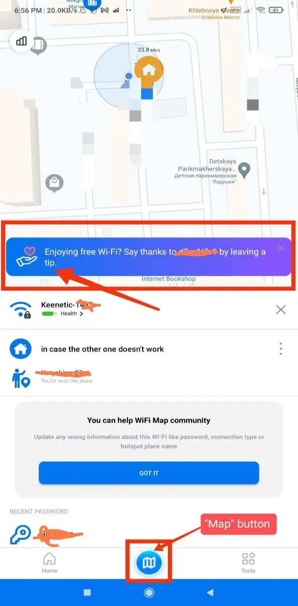 wifi finder page with the hotspot connected and leave a tip tab shown
