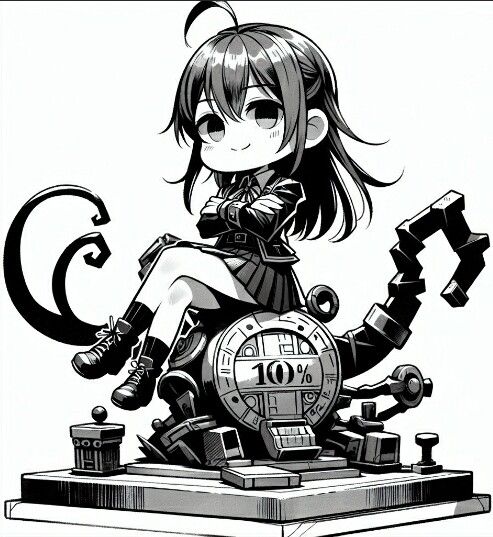 female character sitting on a 10% sculpture