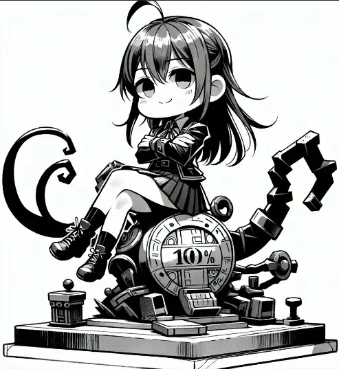 female character sitting on a 10% sculpture