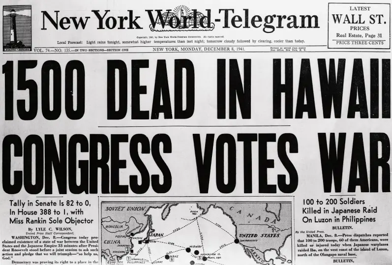 WW II DEC 1941 COGRESS VOTES ON WAR AFTER Pearl Harbor, NOT GERMAND INVASION IN EUROPE!