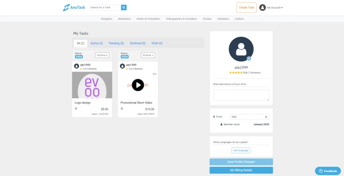 The dashboard of all tasks