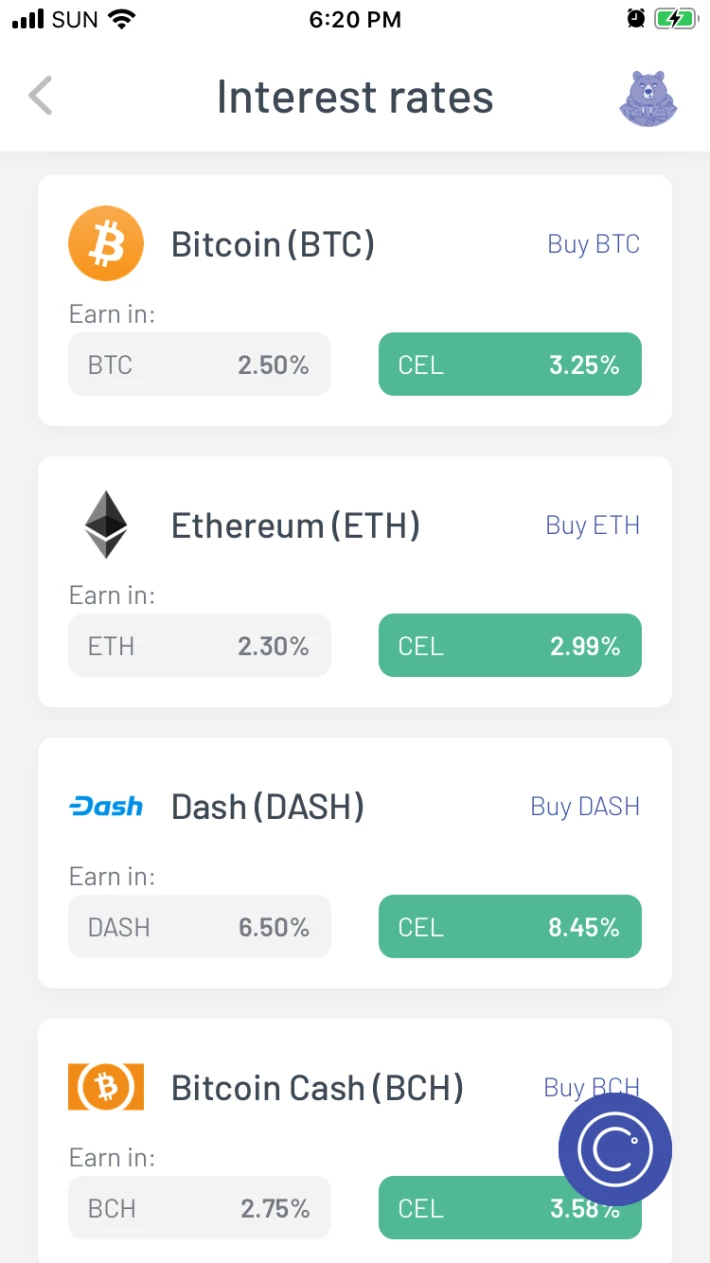 Celsius mobile wallet interest rates for BTC, ETH, DASH, and BCH.