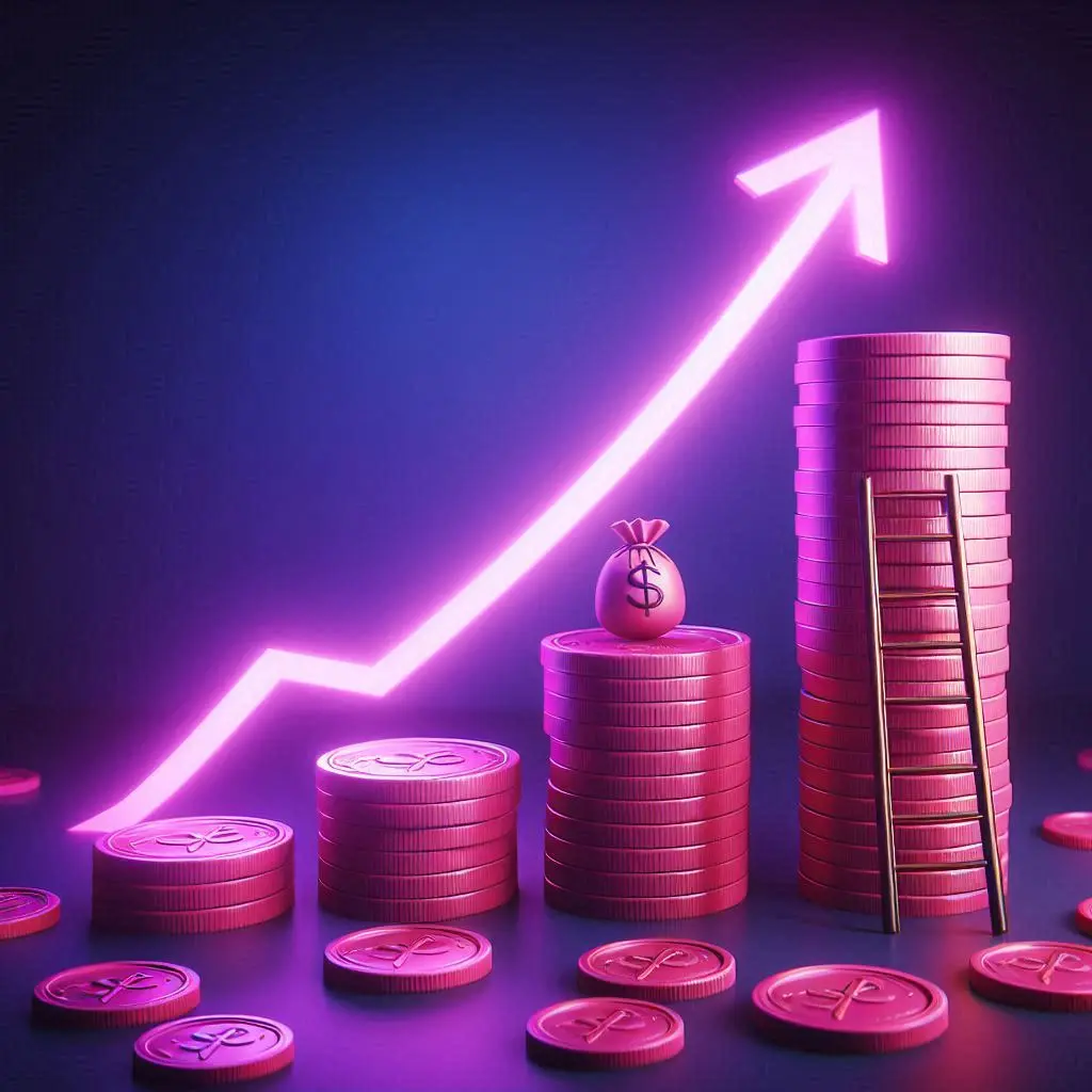Pink tokens stacked with an arrow trending upwards