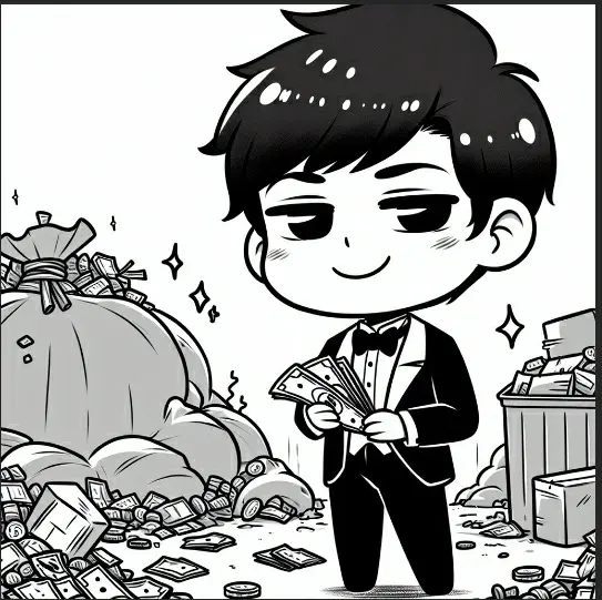 Happy boy in dump counting money