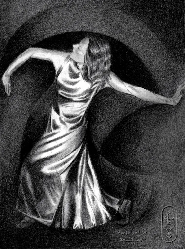 cubist art deco graphite pencil drawing of dancer Darja Collin
