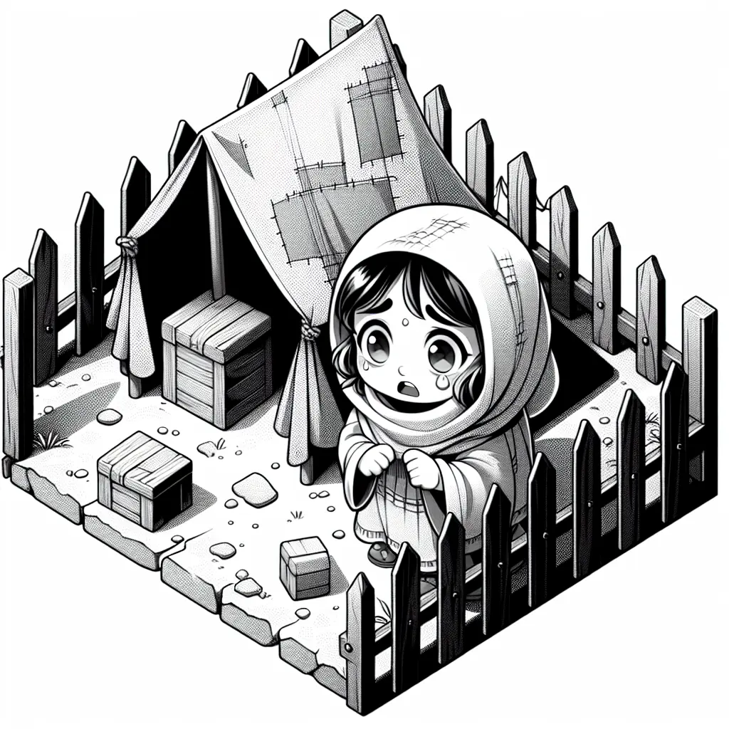 Girl by ragged tent