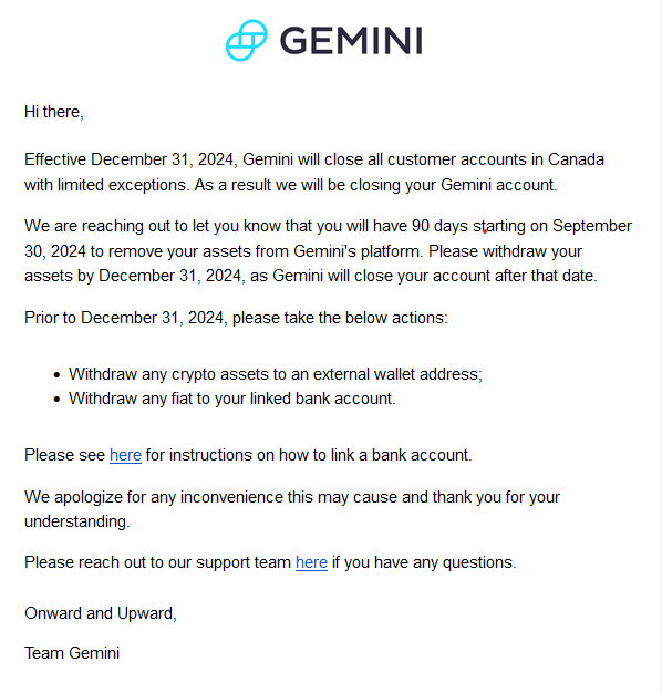 Gemini email to Canadian customers
