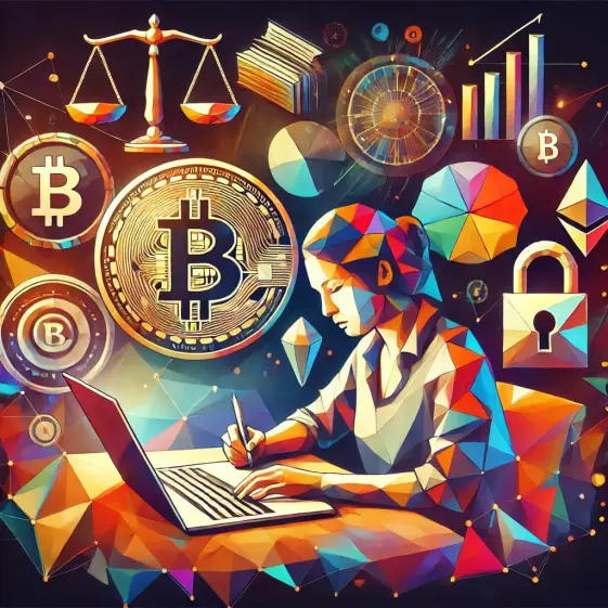 Colorful illustration in a square format depicting a writer sitting at a desk with a laptop, immersed in their work. The background show cryptocurrencies and scale.
