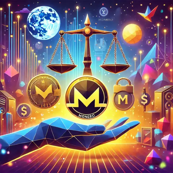 Colorful illustration in a square format featuring symbols of the cryptocurrency landscape. The image highlights a balance between privacy and reglatory
