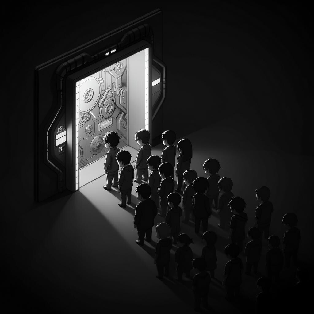 crowd walking through door