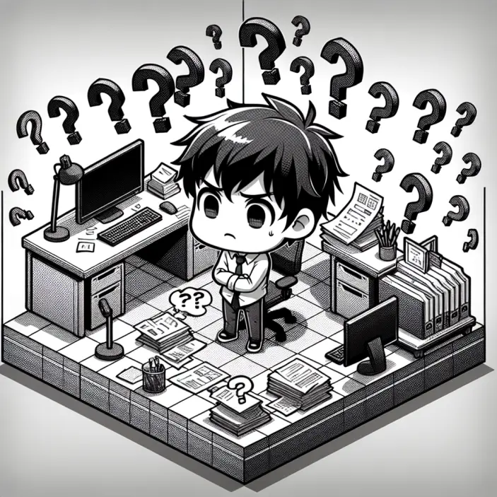 Boy in office surrounded by question marks
