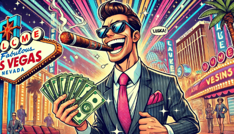 Free Crypto Faucet Casino + How to Win! - A Comic Style Cartoon of a Casino Winner with a Hand Full of Money Laughing Histerically