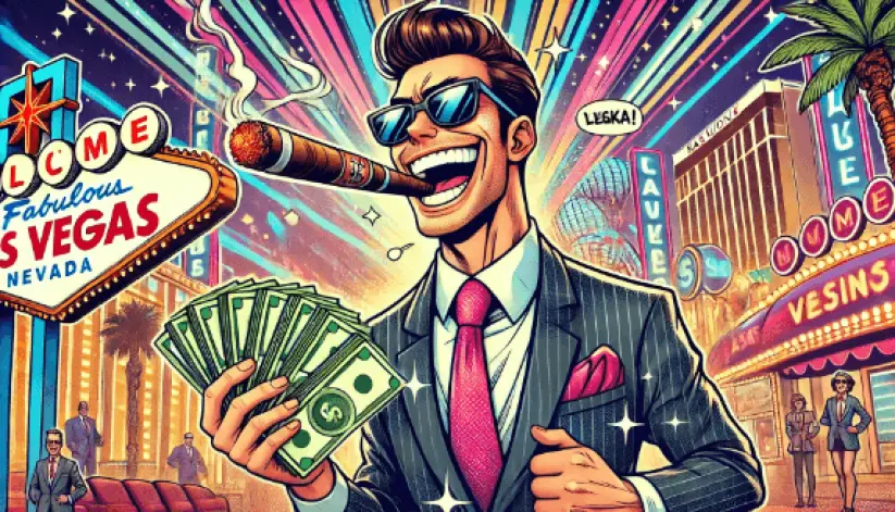 Free Crypto Faucet Casino + How to Win! - A Comic Style Cartoon of a Casino Winner with a Hand Full of Money Laughing Histerically