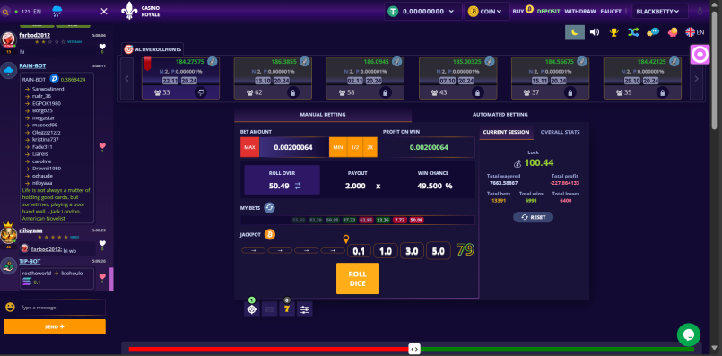 Free Crypto Faucet Casino - A Screenshot of the Dice Game at CasinoRoyale.bet
