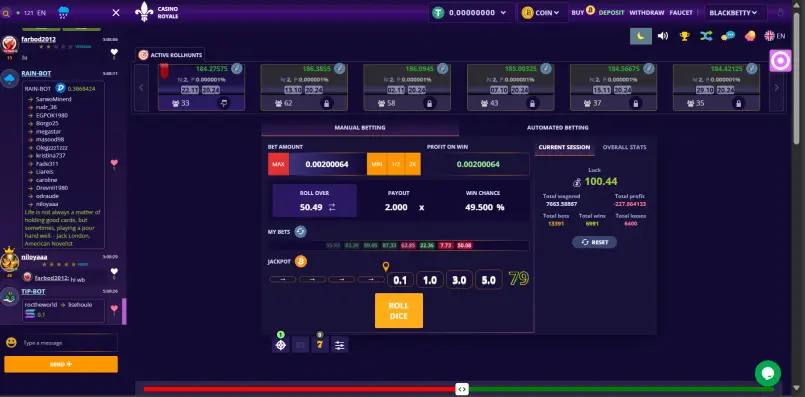 Free Crypto Faucet Casino - A Screenshot of the Dice Game at CasinoRoyale.bet
