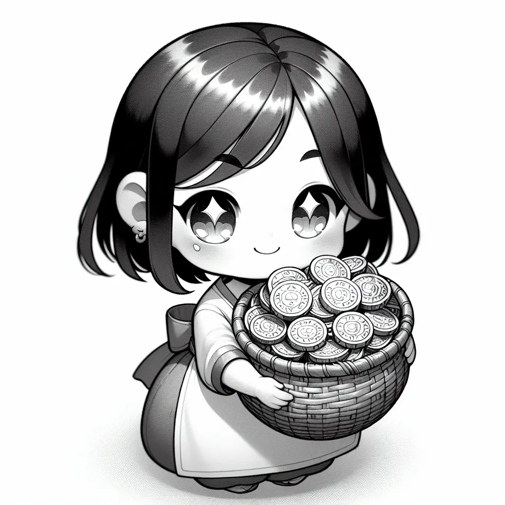 Girl holding a basket full of coins