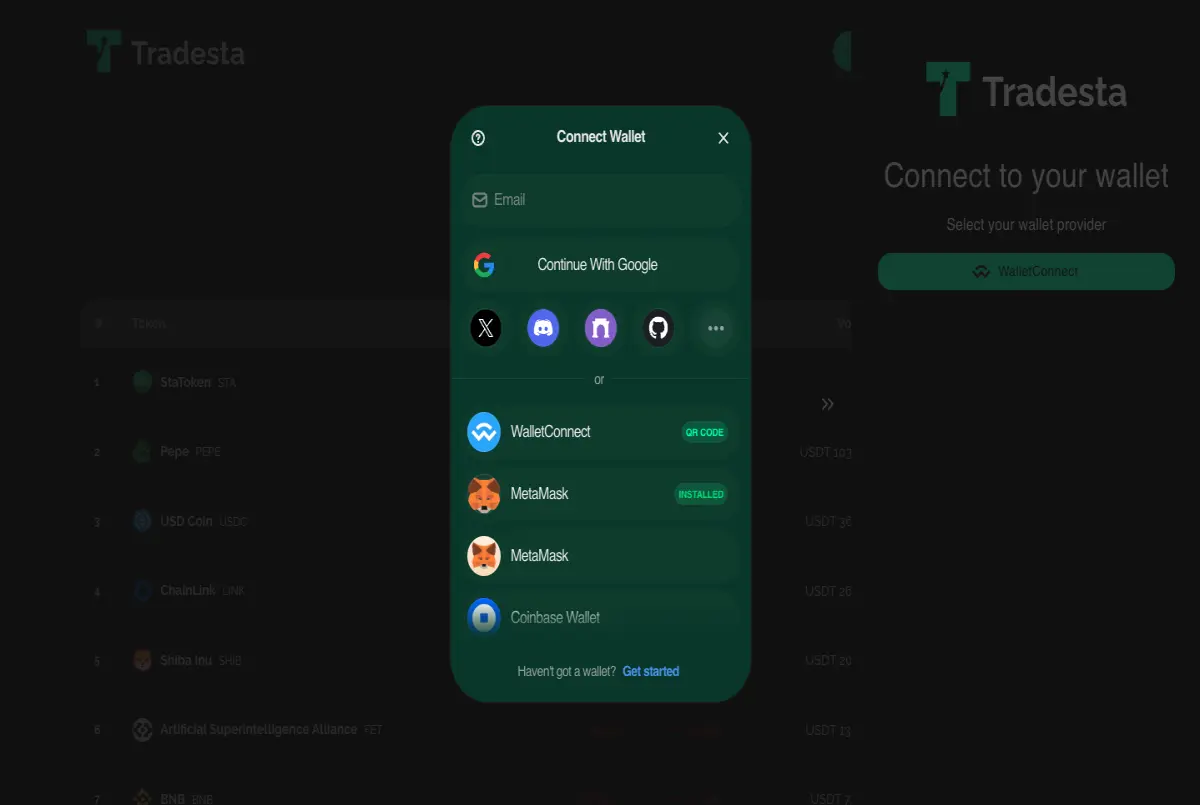 This image shows the TradeSta.ai Swap platform opening wallet connect