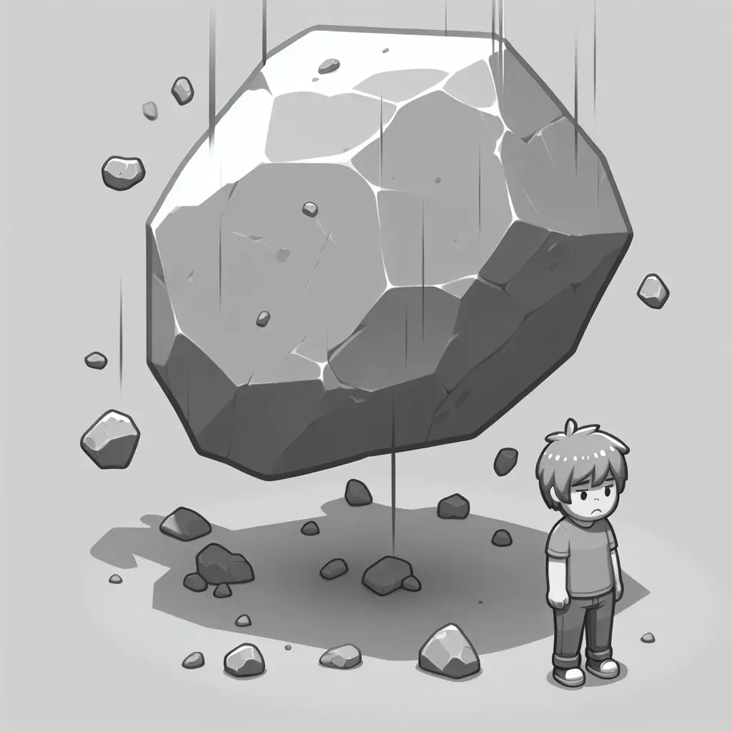 boy standing under falling boulder