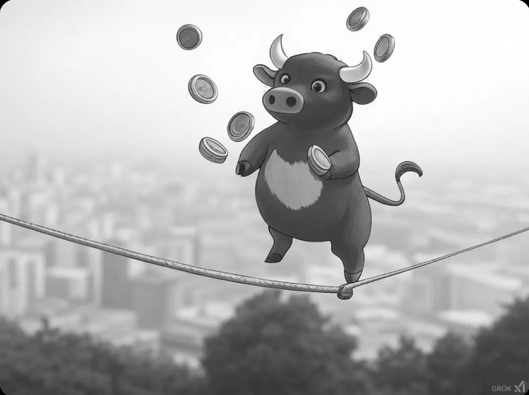 Bull juggling coins on a tightrope