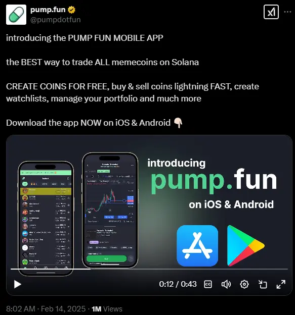 Pumpfun mobile app X post